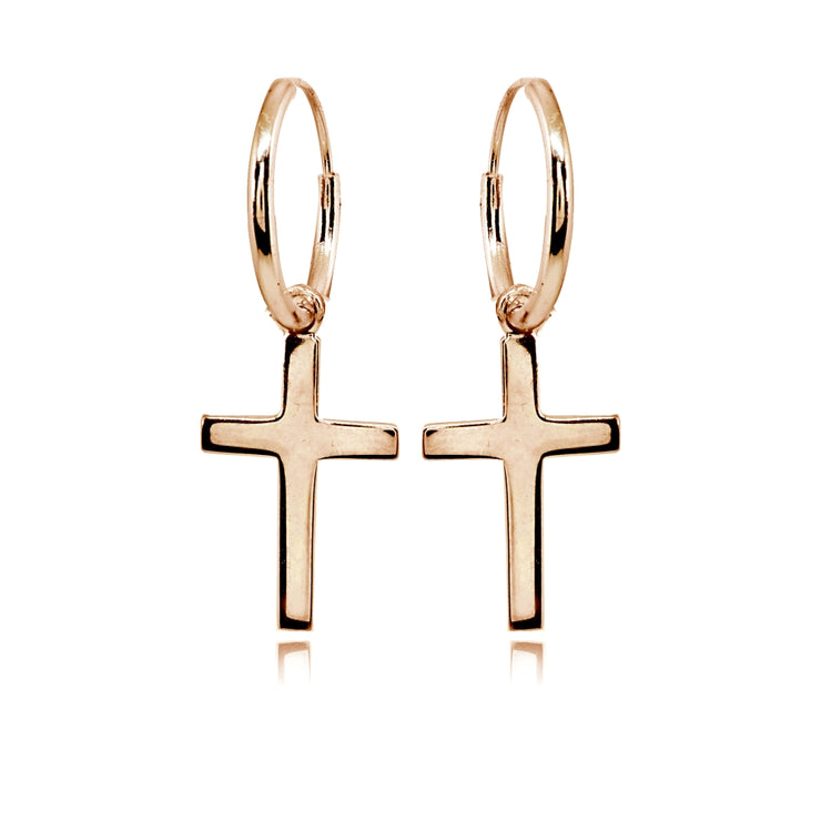 Rose Gold Flashed Sterling Silver Polished Cross Religious Dainty Endless Small Hoop Earrings