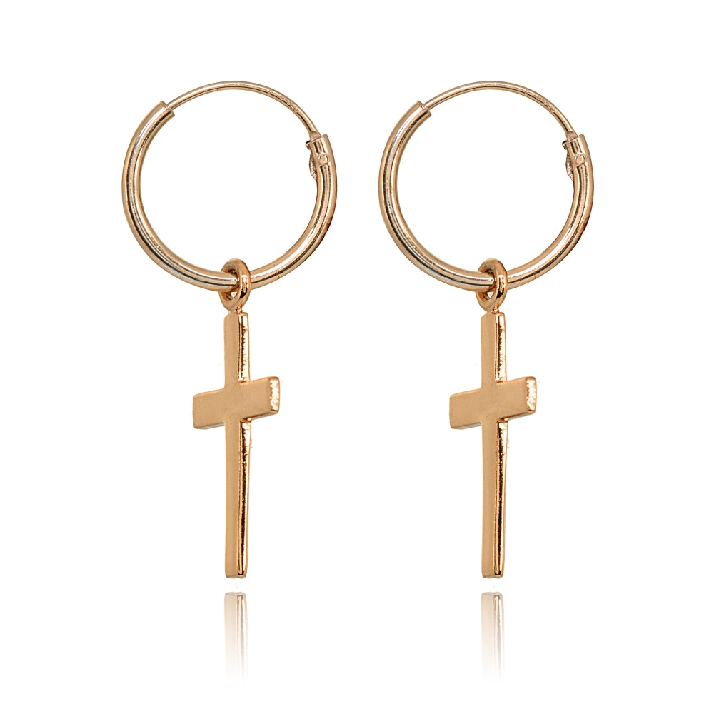 Rose Gold Flashed Sterling Silver Polished Cross Religious Dainty Endless Small Hoop Earrings-2