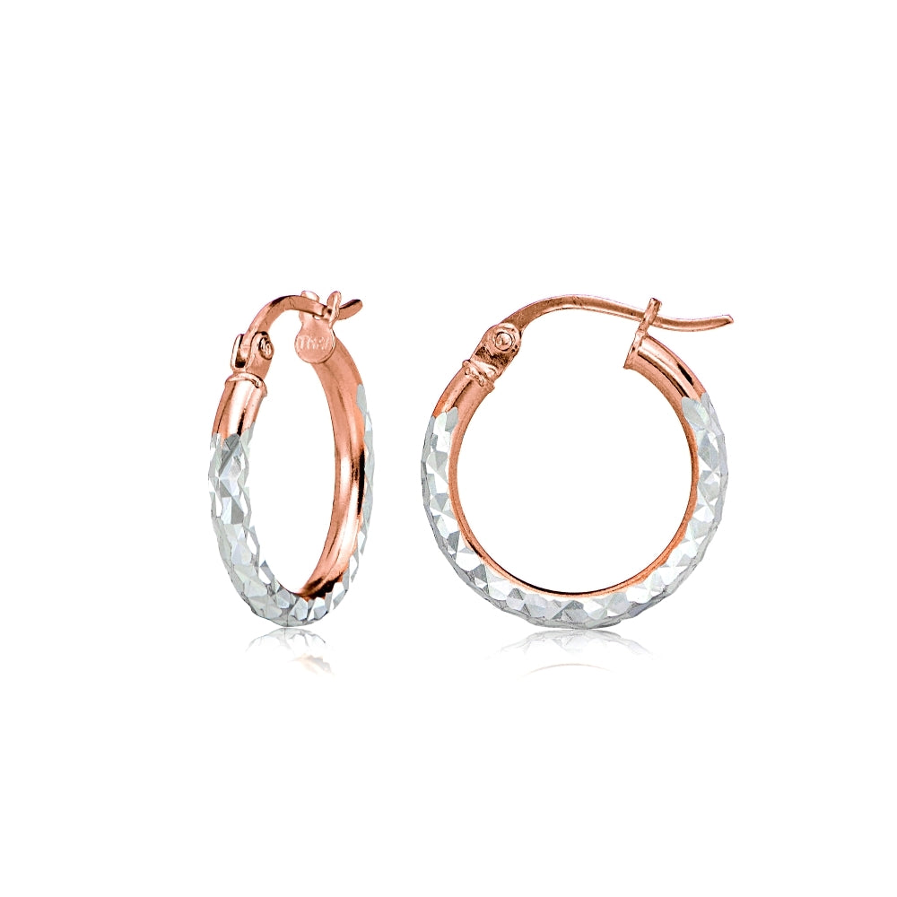 Rose Gold over Sterling Silver Two-Tone 2mm Diamond Cut Round Hoop Earrings, 15mm
