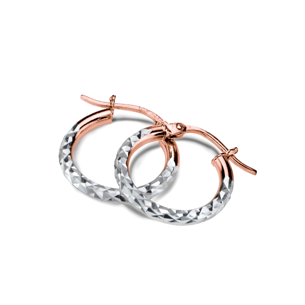 Rose Gold over Sterling Silver Two-Tone 2mm Diamond Cut Round Hoop Earrings, 15mm-2