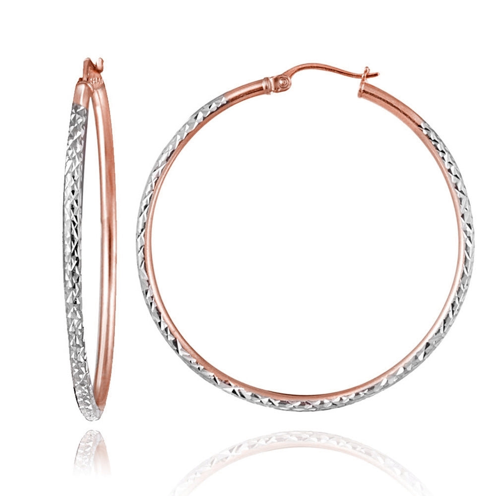 Rose Gold over Sterling Silver Two-Tone 2mm Diamond Cut Round Hoop Earrings, 45mm