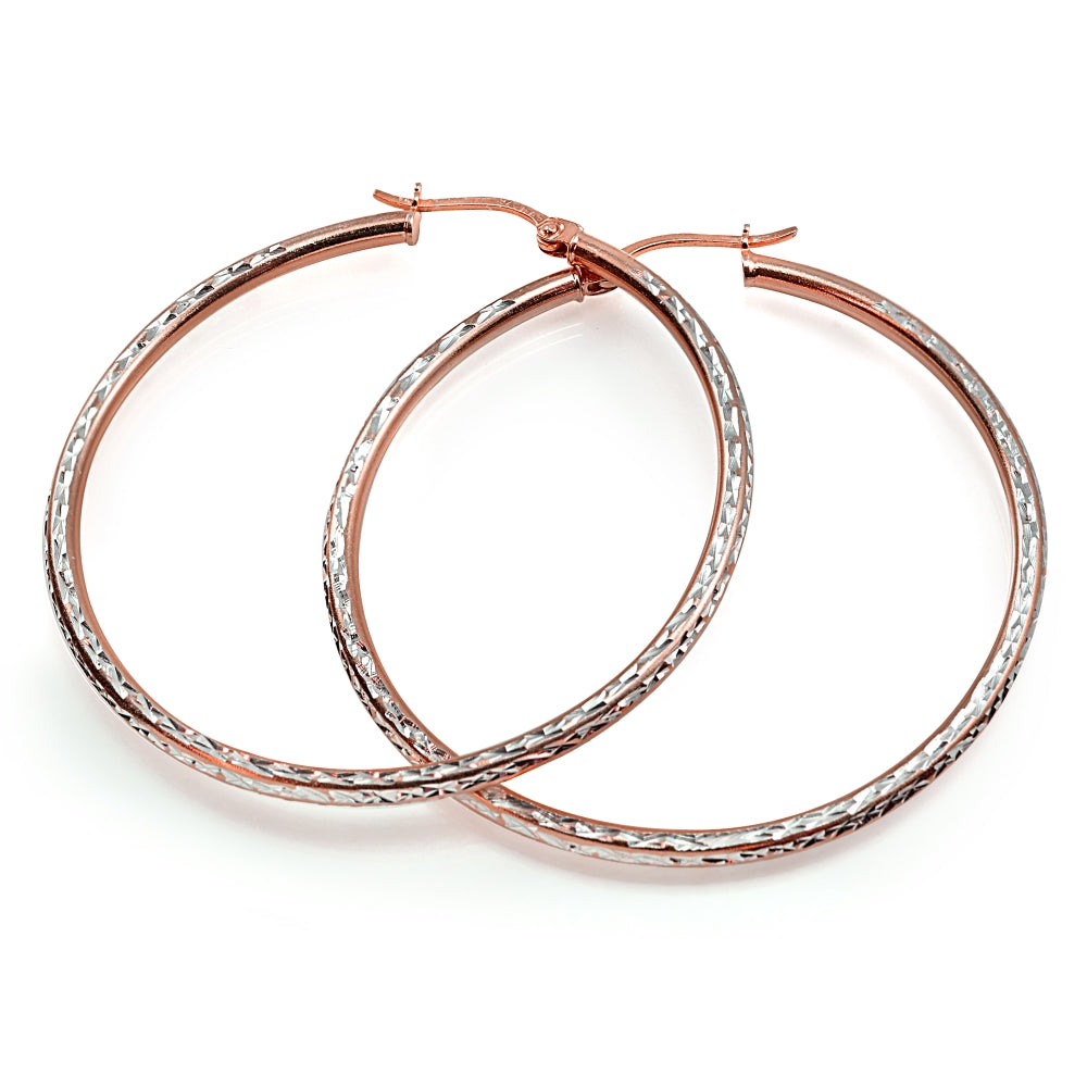 Rose Gold over Sterling Silver Two-Tone 2mm Diamond Cut Round Hoop Earrings, 45mm-2