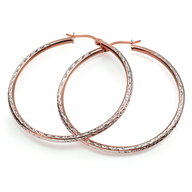 Rose Gold over Sterling Silver Two-Tone 2mm Diamond Cut Round Hoop Earrings, 45mm