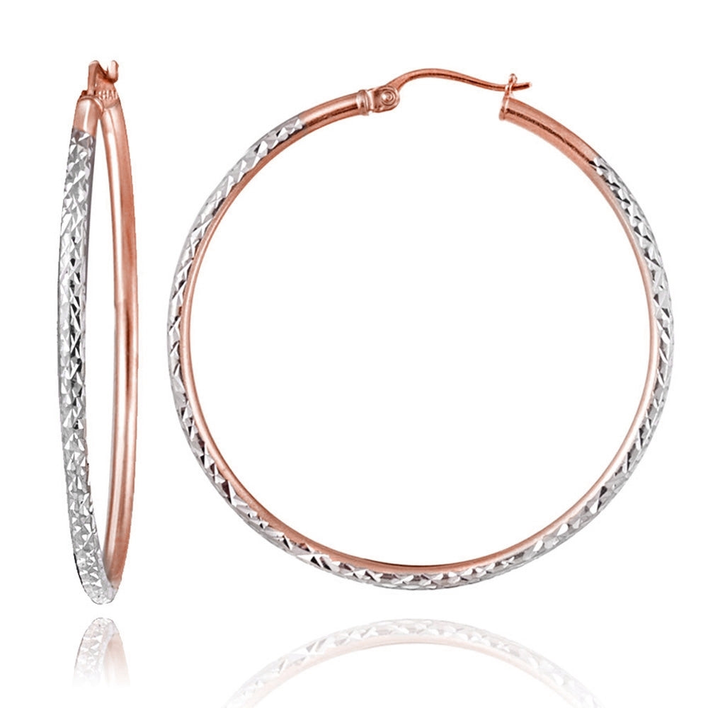 Rose Gold over Sterling Silver Two-Tone 2mm Diamond Cut Round Hoop Earrings, 50mm