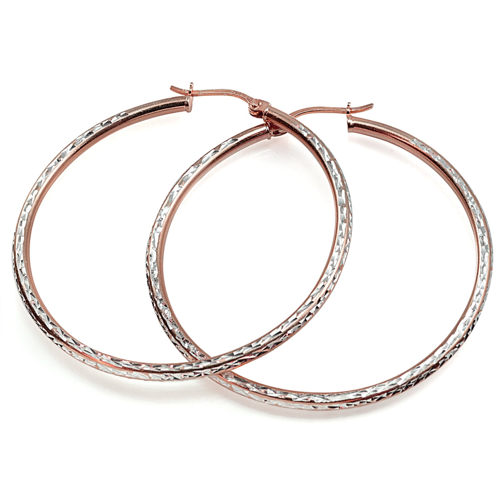 Rose Gold over Sterling Silver Two-Tone 2mm Diamond Cut Round Hoop Earrings, 50mm-2