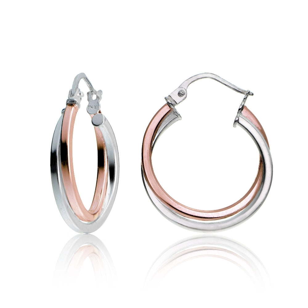 Rose Gold Tone over Sterling Silver Two-Tone Intertwining Square-Tube Polished Hoop Earrings, 20mm