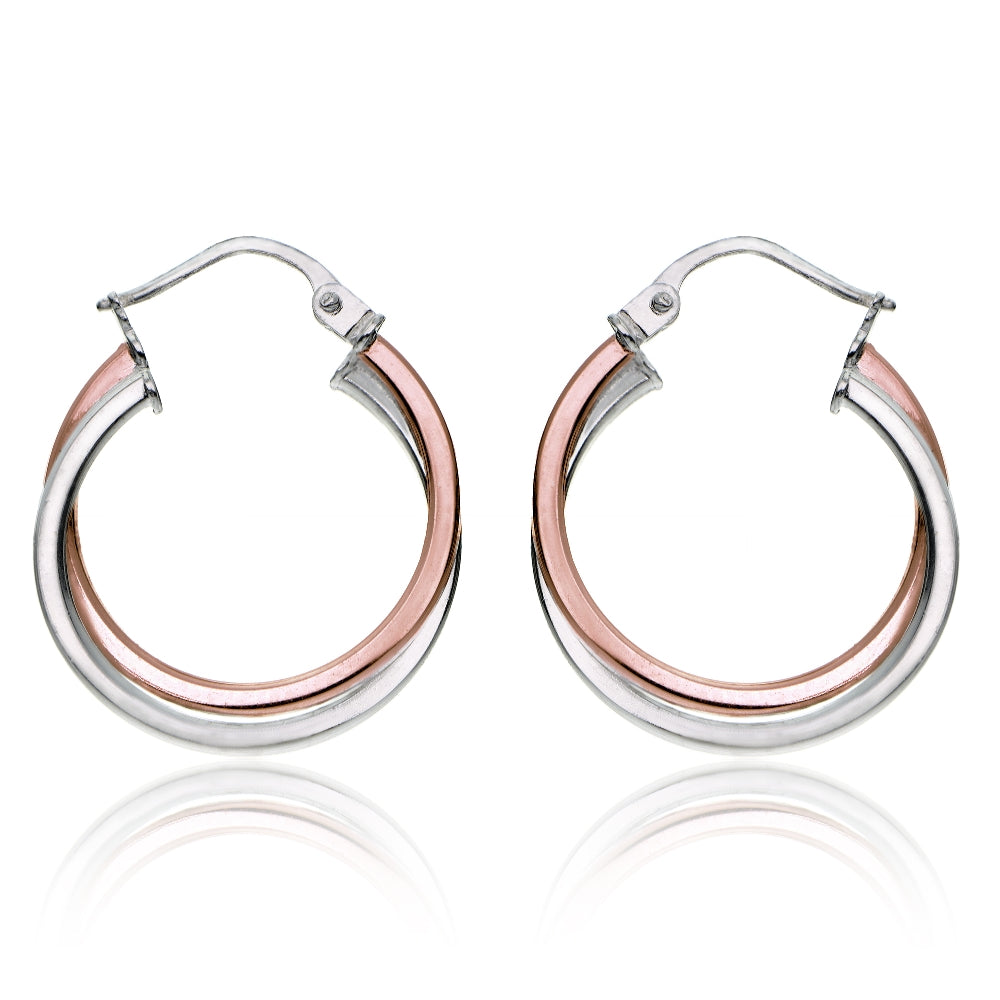 Rose Gold Tone over Sterling Silver Two-Tone Intertwining Square-Tube Polished Hoop Earrings, 20mm-2