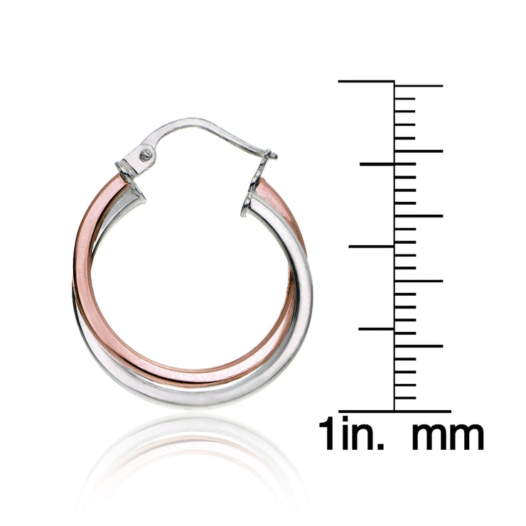Rose Gold Tone over Sterling Silver Two-Tone Intertwining Square-Tube Polished Hoop Earrings, 20mm