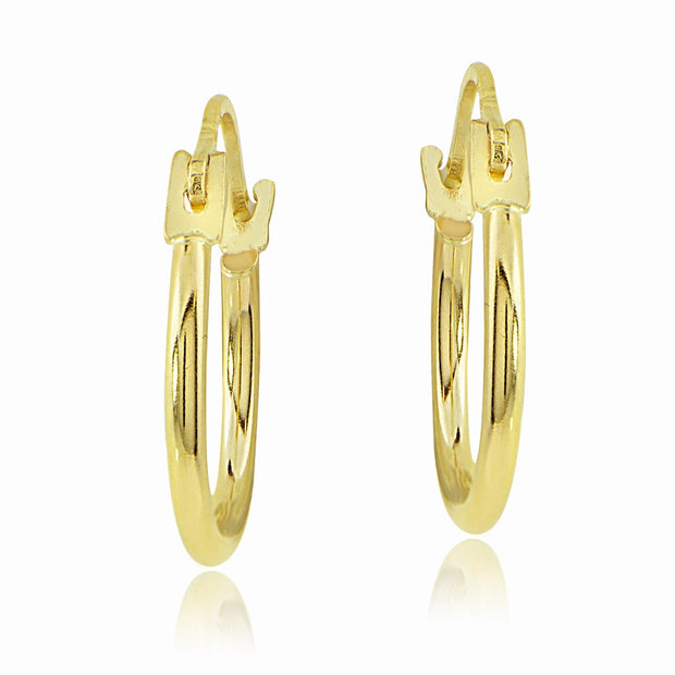 14K Gold 1.3mm Round High Polished Hoop Earrings, 12mm