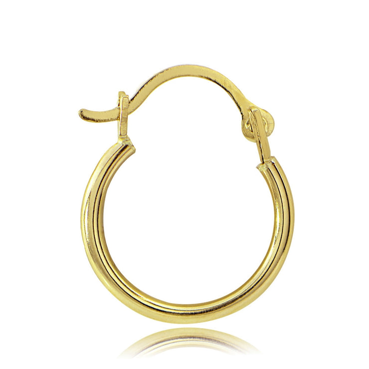 14K Gold 1.3mm Round High Polished Hoop Earrings, 12mm