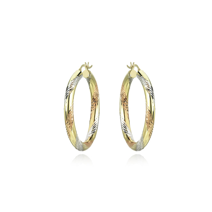 14K Gold Tri Color Polished & Diamond-Cut 4x32mm Lightweight Round Hoop Earrings