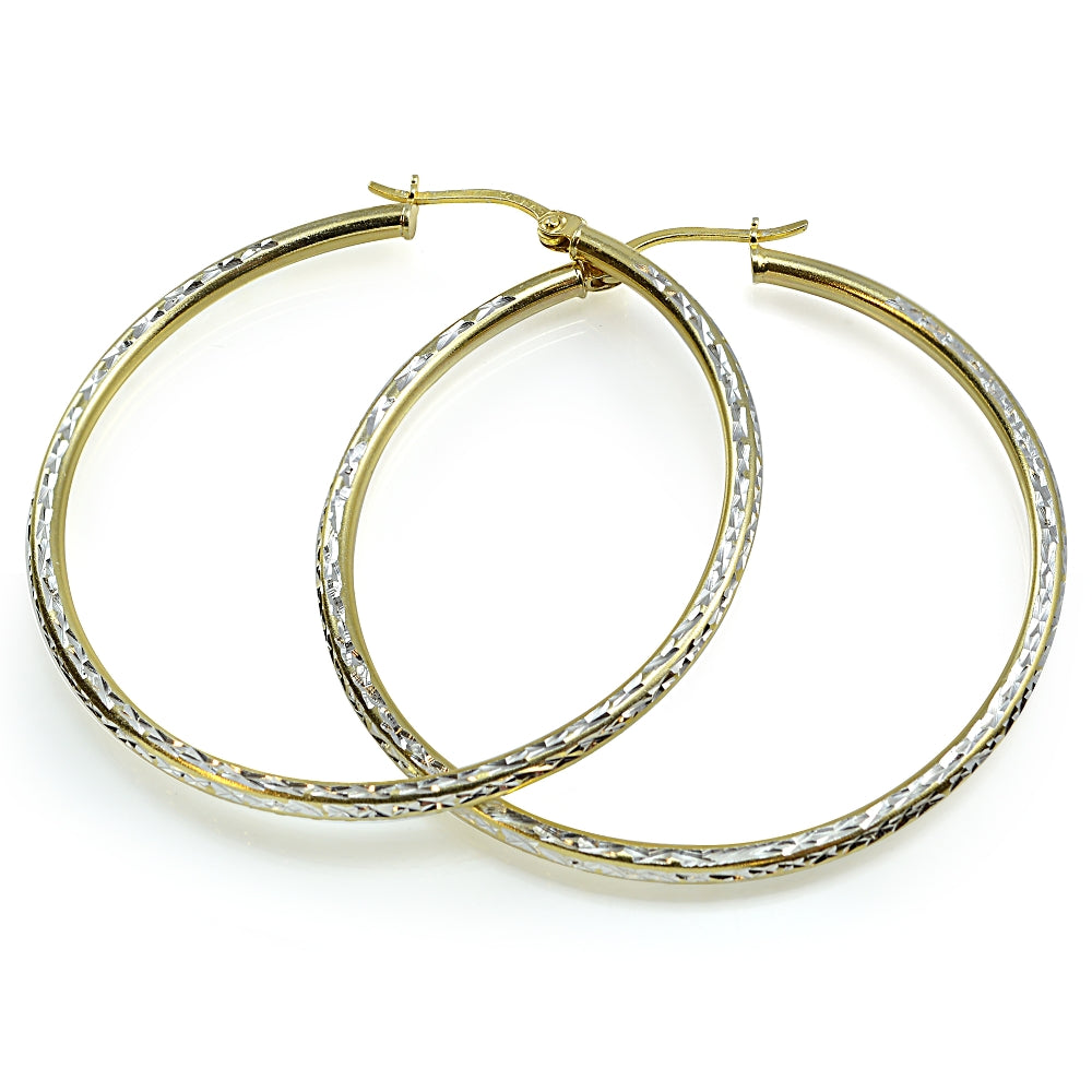 Sterling Silver Two-Tone 2mm Diamond-Cut Round Hoop Earrings, 50mm-2