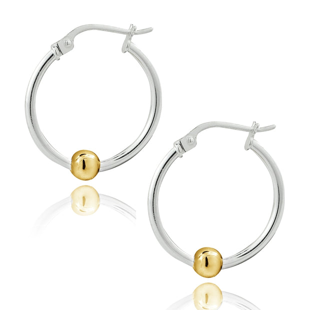 Sterling Silver with Gold Tone Bead Round Hoop Earrings, 20mm