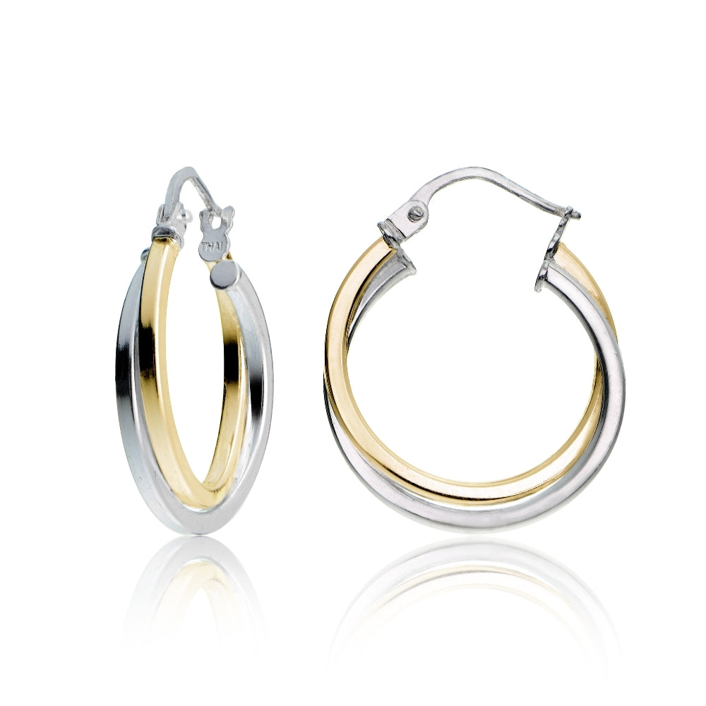 Gold Tone over Sterling Silver Two-Tone Intertwining Square-Tube Polished Hoop Earrings, 20mm