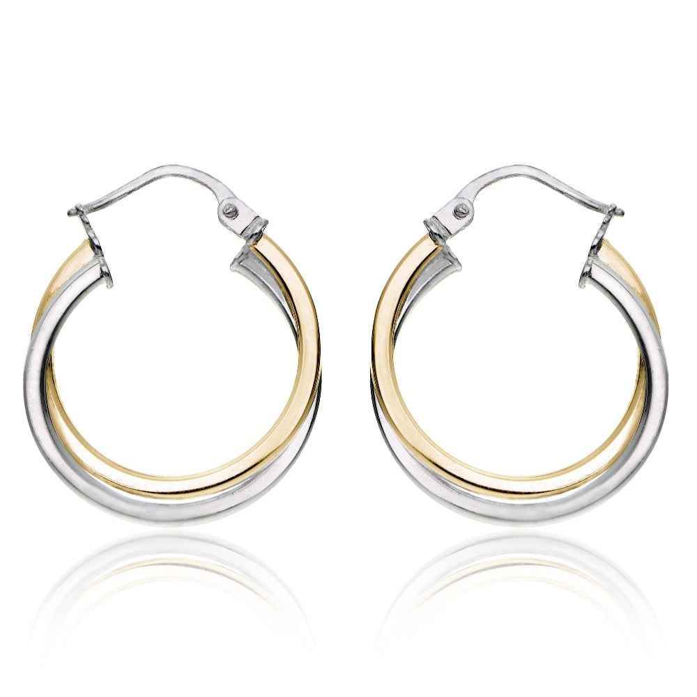 Gold Tone over Sterling Silver Two-Tone Intertwining Square-Tube Polished Hoop Earrings, 20mm-2