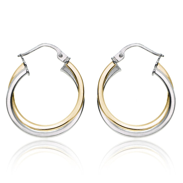 Gold Tone over Sterling Silver Two-Tone Intertwining Square-Tube Polished Hoop Earrings, 20mm