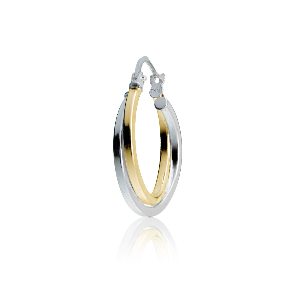 Gold Tone over Sterling Silver Two-Tone Intertwining Square-Tube Polished Hoop Earrings, 20mm-3