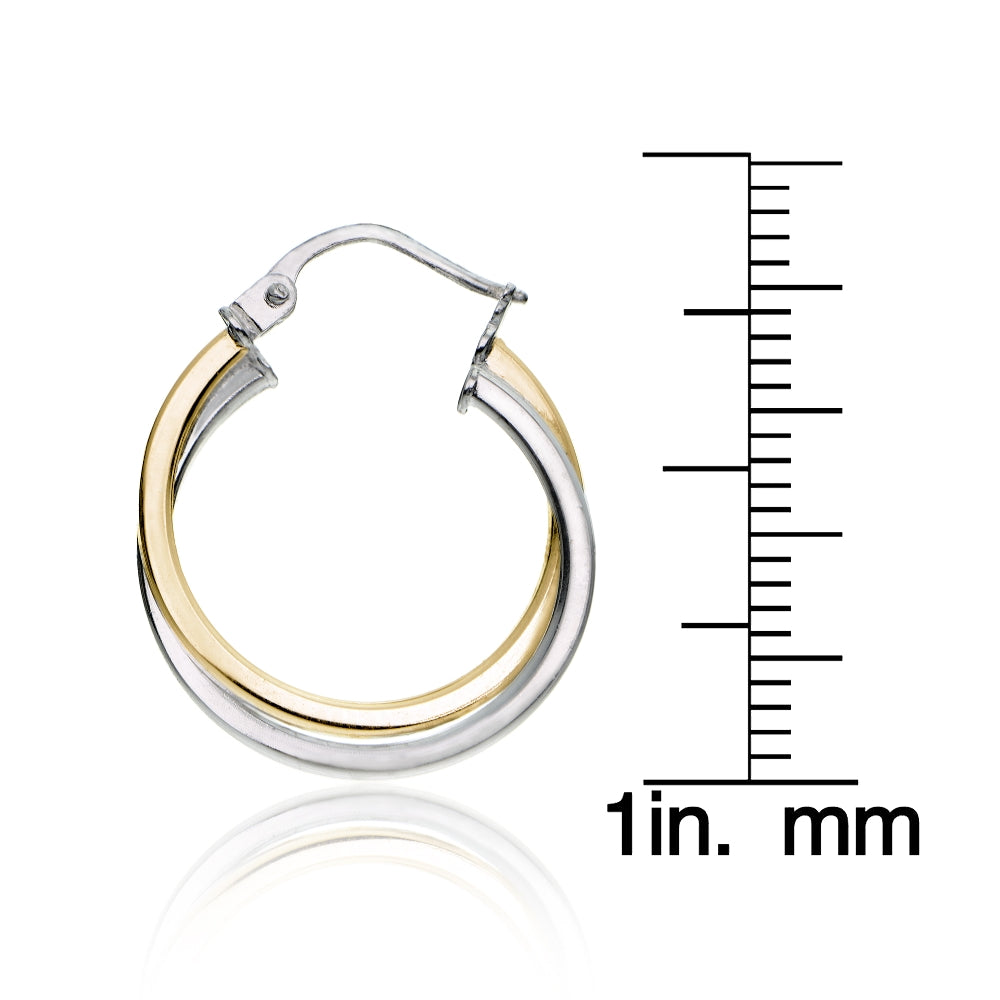 Gold Tone over Sterling Silver Two-Tone Intertwining Square-Tube Polished Hoop Earrings, 20mm-4