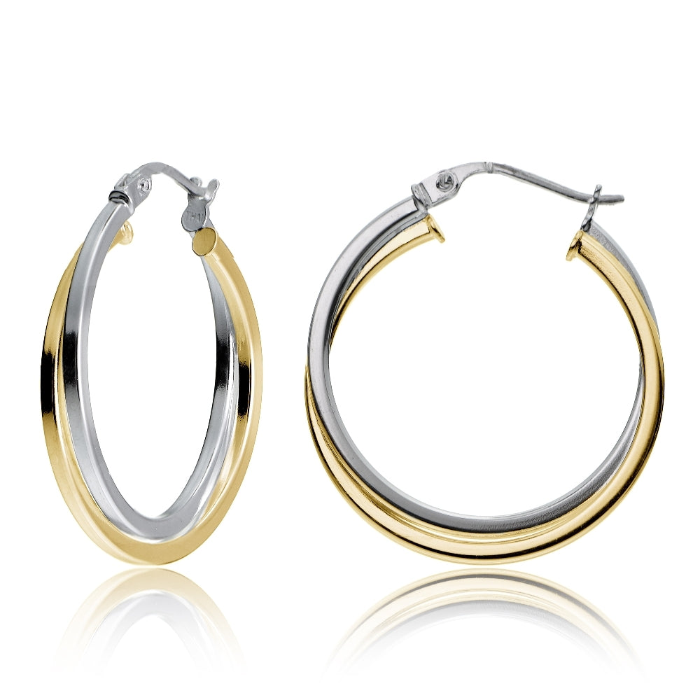 Gold Tone over Sterling Silver Two-Tone Intertwining Square-Tube Polished Hoop Earrings, 25mm