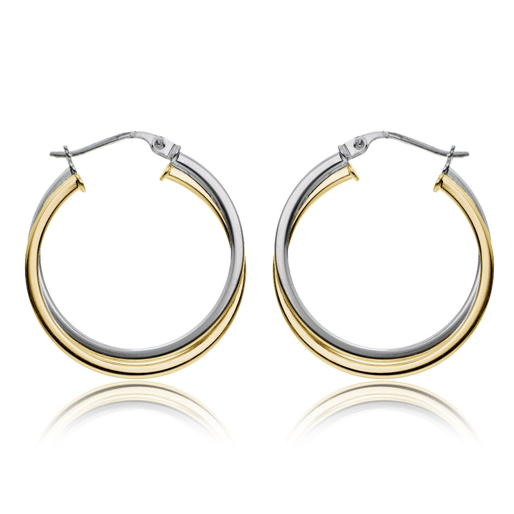 Gold Tone over Sterling Silver Two-Tone Intertwining Square-Tube Polished Hoop Earrings, 25mm