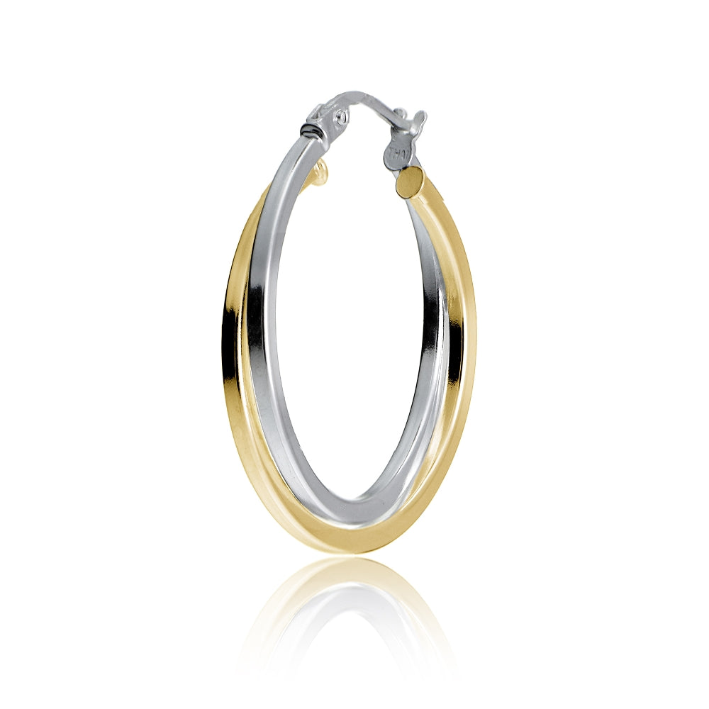 Gold Tone over Sterling Silver Two-Tone Intertwining Square-Tube Polished Hoop Earrings, 25mm-3