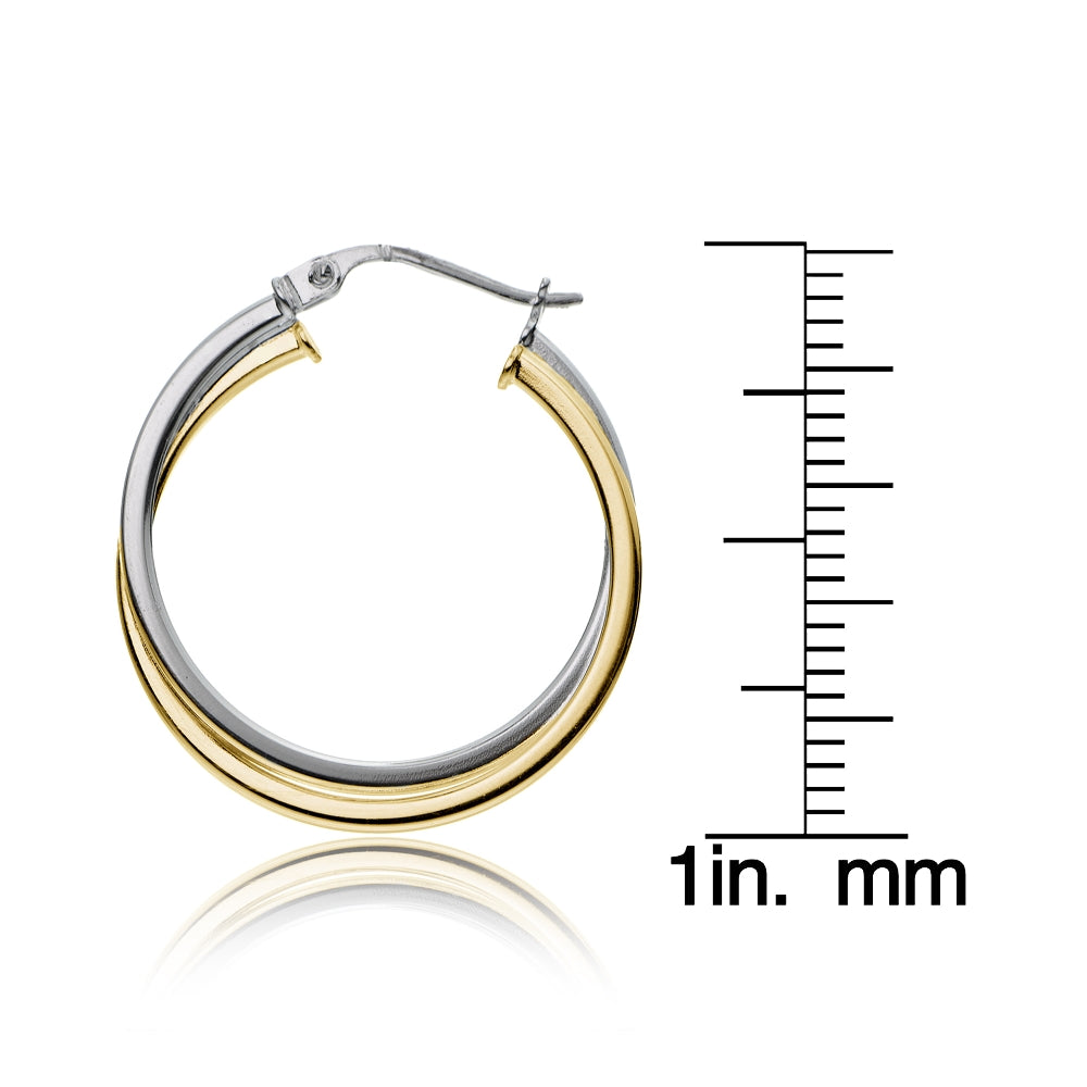 Gold Tone over Sterling Silver Two-Tone Intertwining Square-Tube Polished Hoop Earrings, 25mm-4