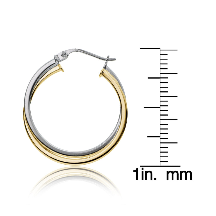 Gold Tone over Sterling Silver Two-Tone Intertwining Square-Tube Polished Hoop Earrings, 25mm