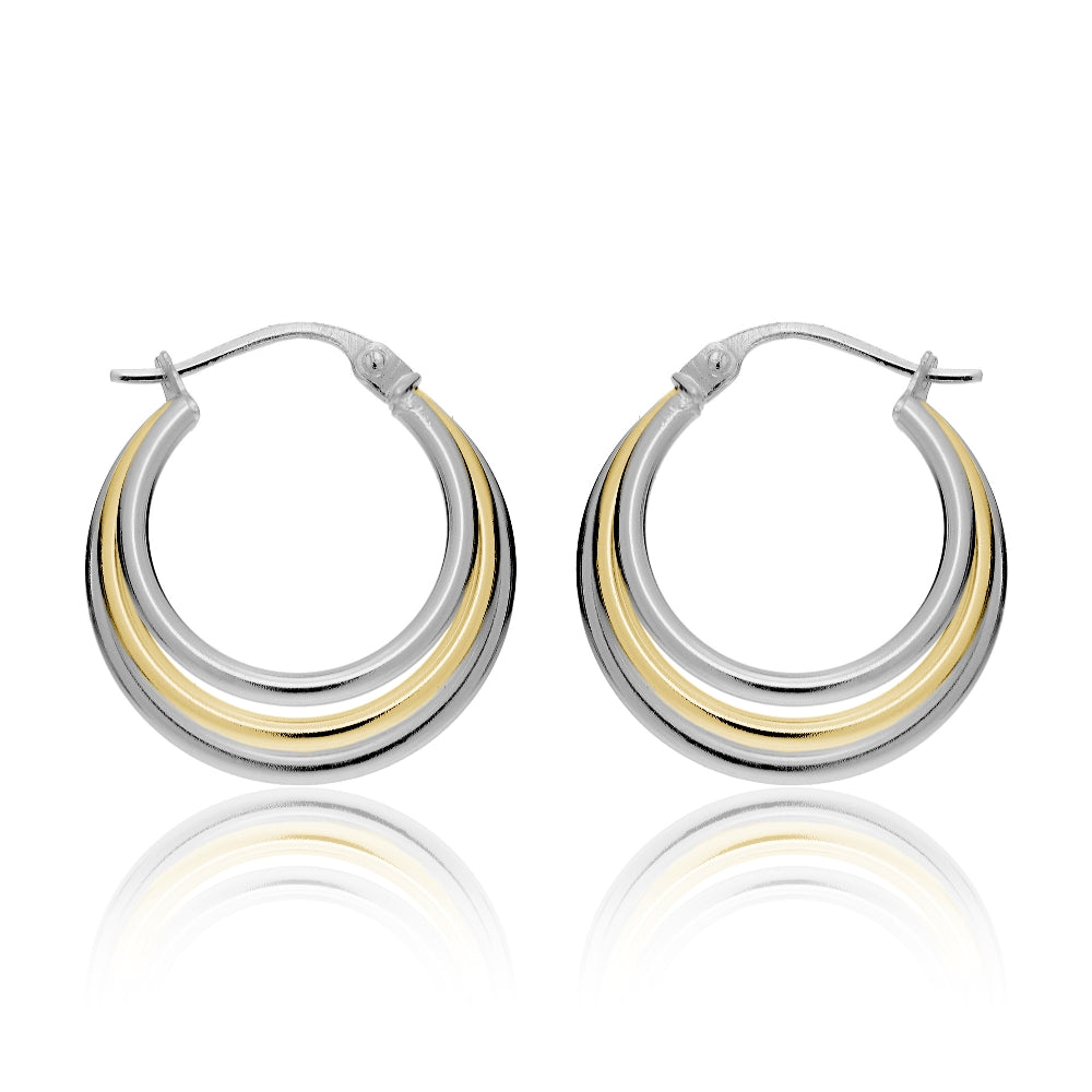 Gold Tone over Sterling Silver Two-Tone Triple Circle Round-Tube Polished Hoop Earrings, 20mm-2