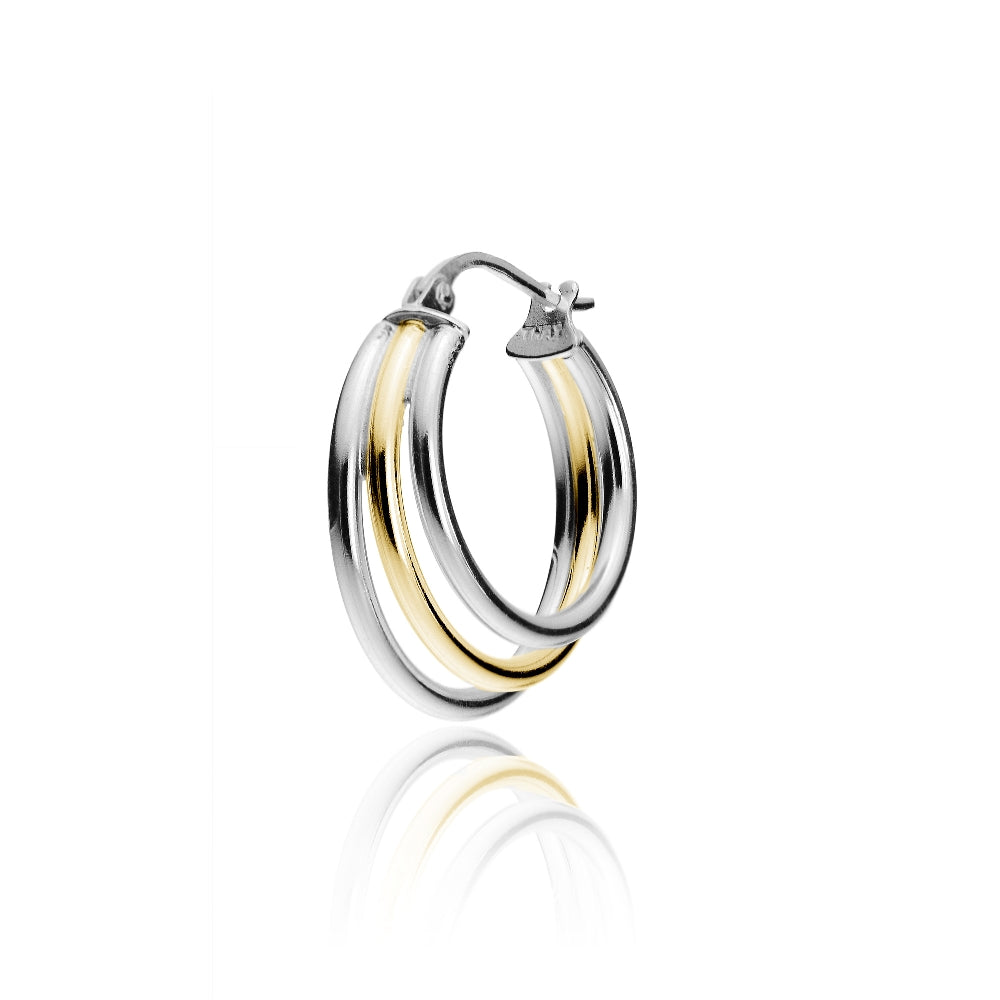 Gold Tone over Sterling Silver Two-Tone Triple Circle Round-Tube Polished Hoop Earrings, 20mm-3