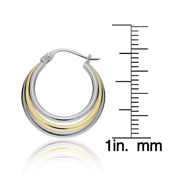 Gold Tone over Sterling Silver Two-Tone Triple Circle Round-Tube Polished Hoop Earrings, 20mm