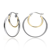 Gold Tone over Sterling Silver Two-Tone Double Circle Round Polished Hoop Earrings, 25mm