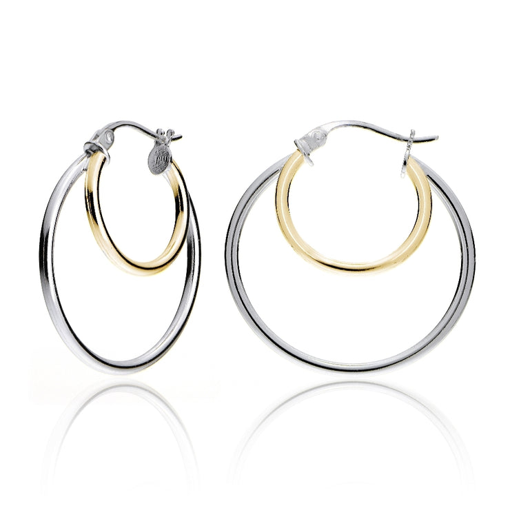 Gold Tone over Sterling Silver Two-Tone Double Circle Round Polished Hoop Earrings, 25mm
