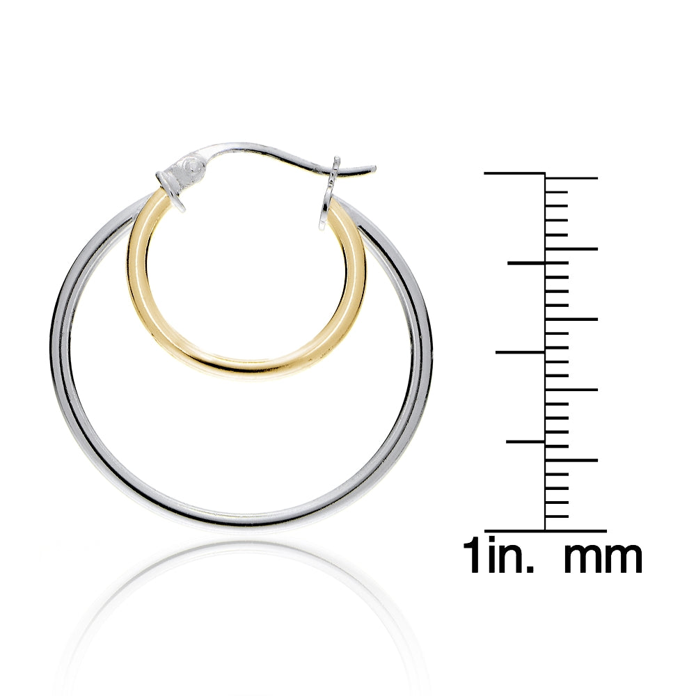 Gold Tone over Sterling Silver Two-Tone Double Circle Round Polished Hoop Earrings, 25mm-3