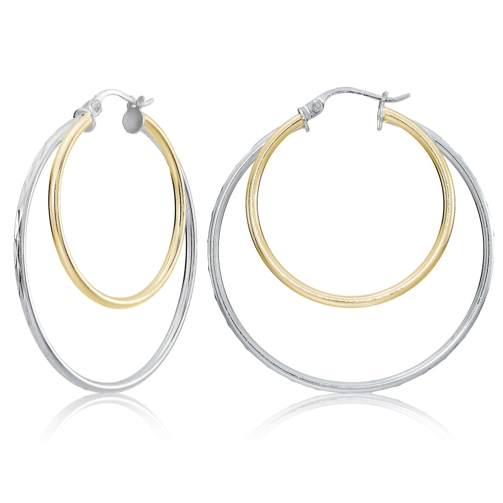 Sterling Silver Two-Tone  Diamond-cut 38mm Round Double Hoop Earrings