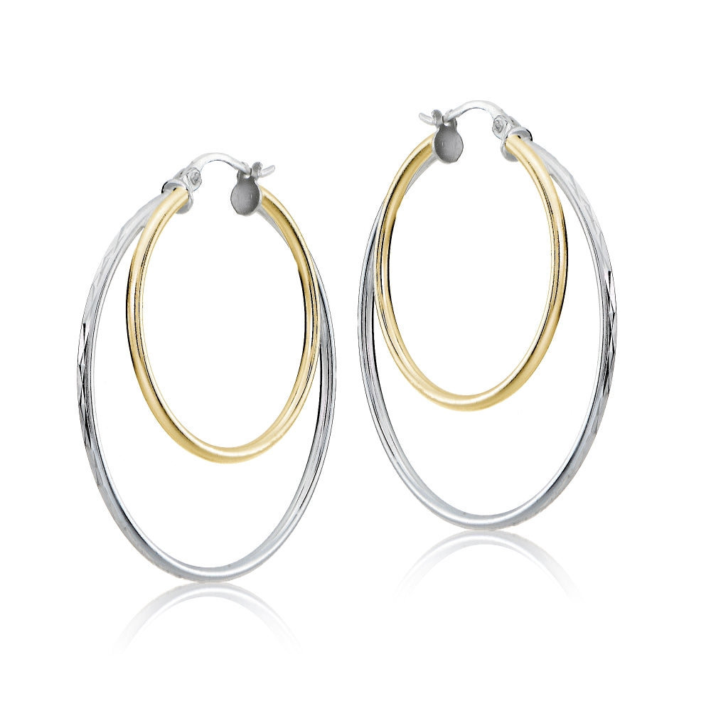 Sterling Silver Two-Tone  Diamond-cut 38mm Round Double Hoop Earrings-2