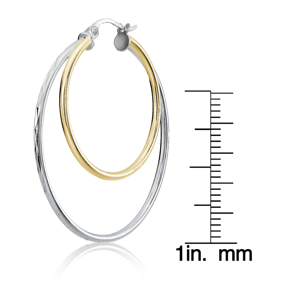 Sterling Silver Two-Tone  Diamond-cut 38mm Round Double Hoop Earrings-3
