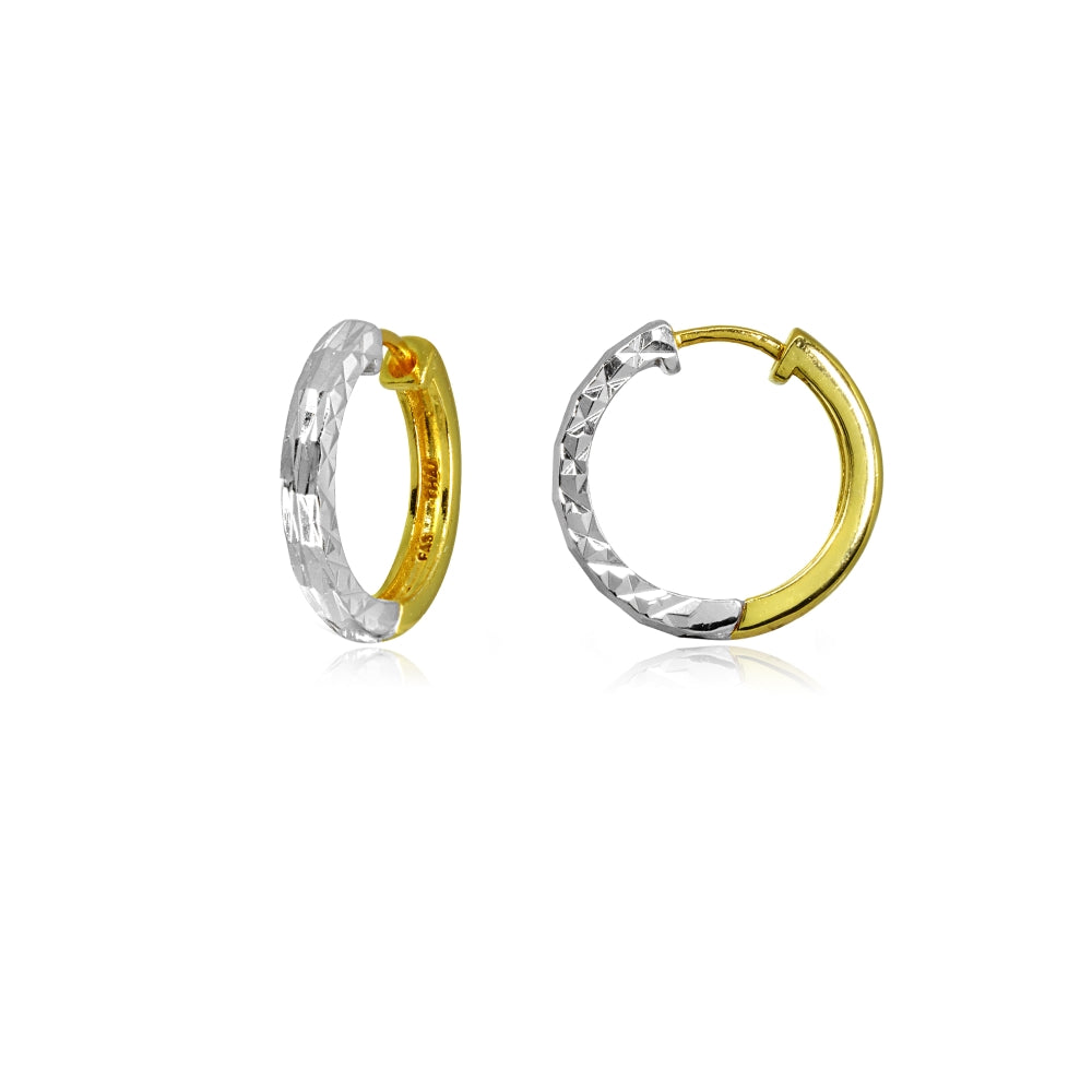 Two-Tone Yellow Gold Flashed Sterling Silver 2x15mm Diamond-Cut Polished Small Hoop Earrings