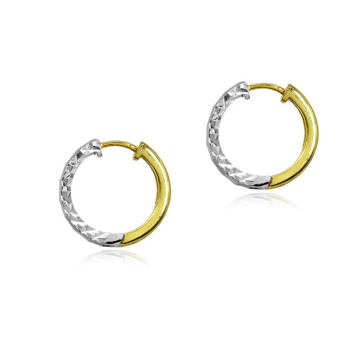 Two-Tone Yellow Gold Flashed Sterling Silver 2x15mm Diamond-Cut Polished Small Hoop Earrings