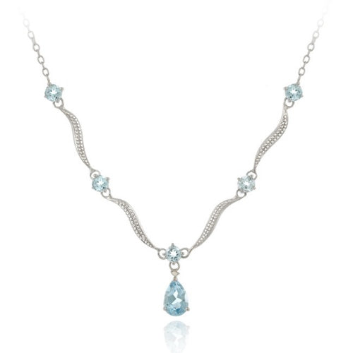 Sterling Silver Genuine Blue Topaz & Diamond Accent Wave Necklace 16"/18"