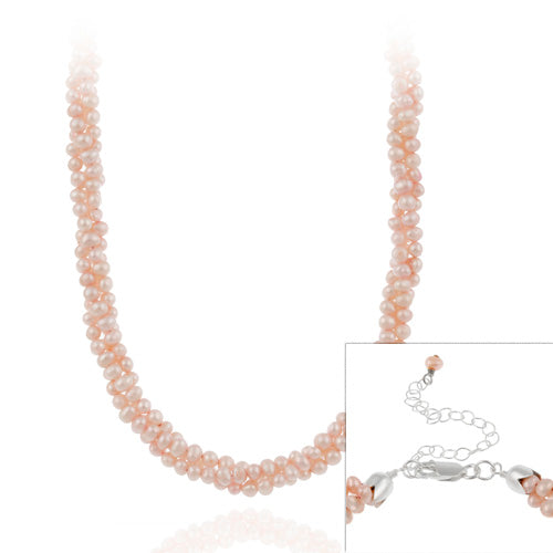 Sterling Silver Freshwater Cultered Pink Pearl Three Row Twisted Necklace