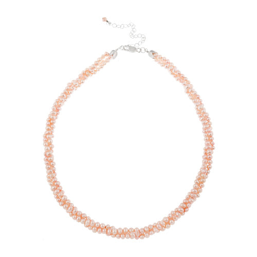 Sterling Silver Freshwater Cultered Pink Pearl Three Row Twisted Necklace-2