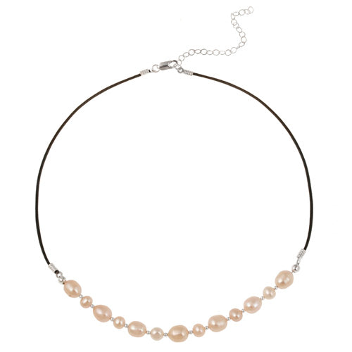 Sterling Silver Freshwater Cultured Peach Pearl on Leather Beaded Necklace