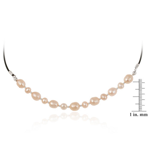 Sterling Silver Freshwater Cultured Peach Pearl on Leather Beaded Necklace-3