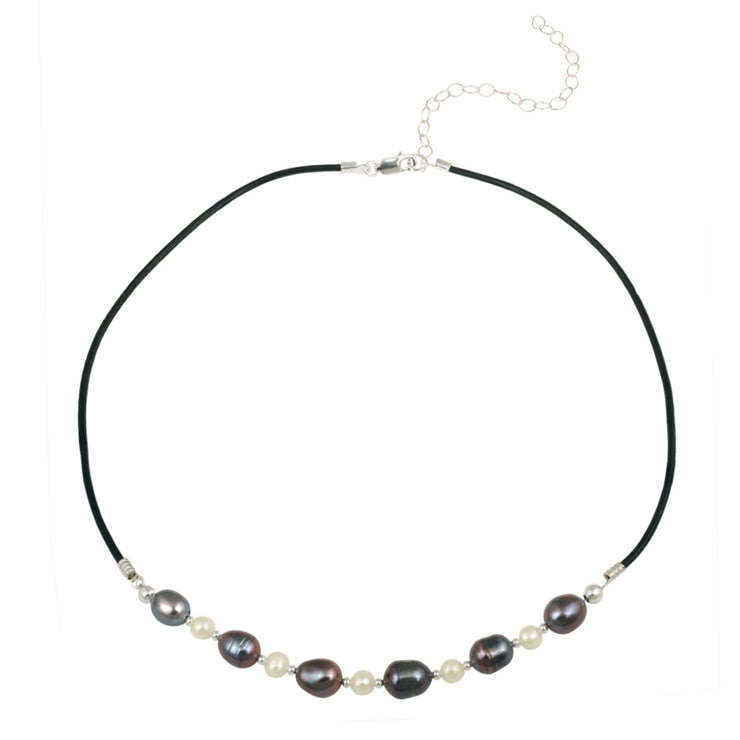 Sterling Silver Freshwater Cultured White & Peacock Pearl on Leather Beaded Necklace