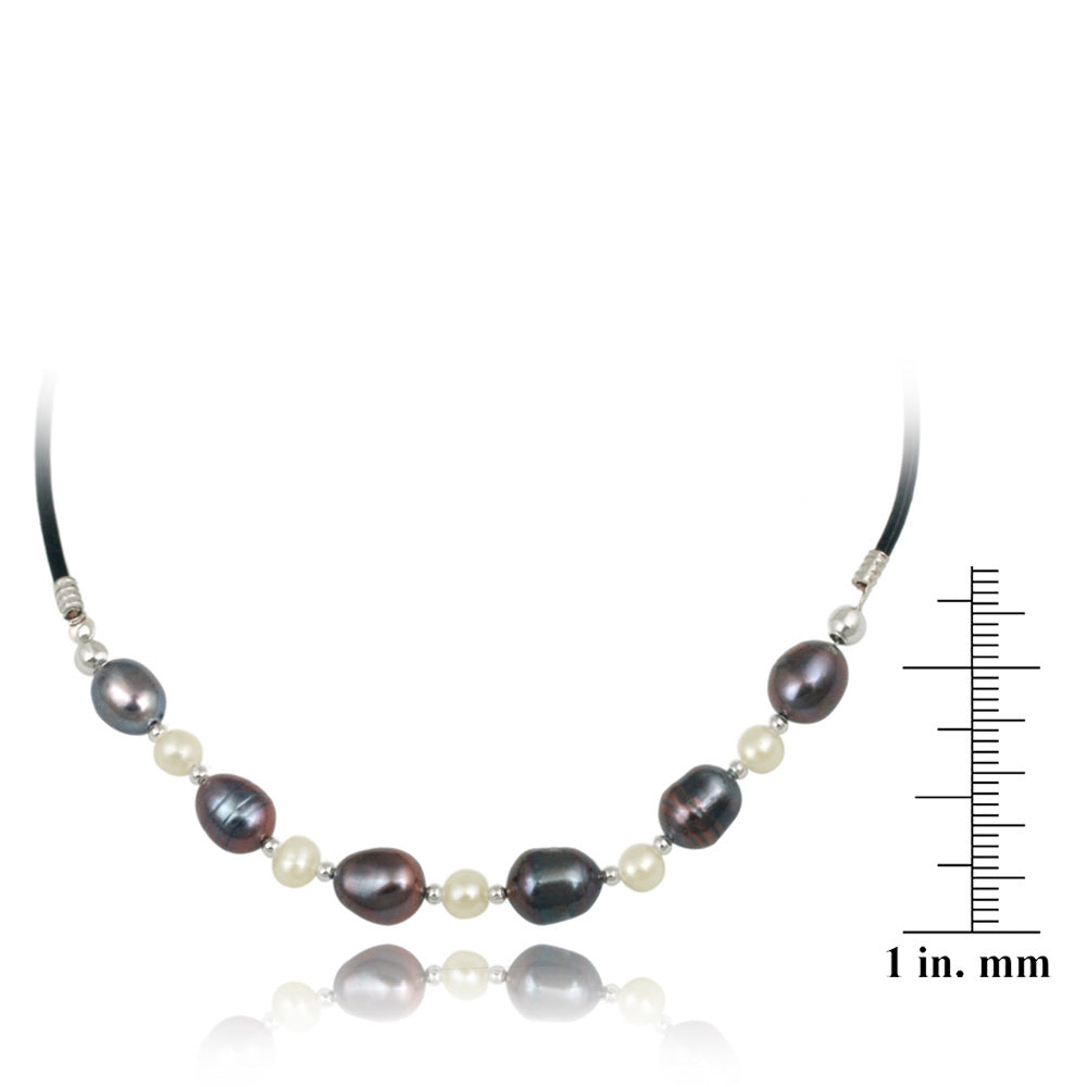 Sterling Silver Freshwater Cultured White & Peacock Pearl on Leather Beaded Necklace-3