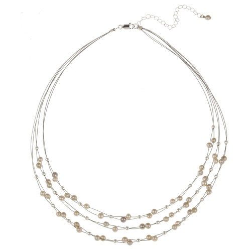 Sterling Silver Freshwater Cultured Gray Pearls & Beads 3-Row Graduating Necklace