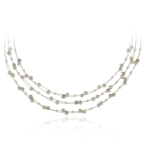 Sterling Silver Freshwater Cultured Gray Pearls & Beads 3-Row Graduating Necklace-3