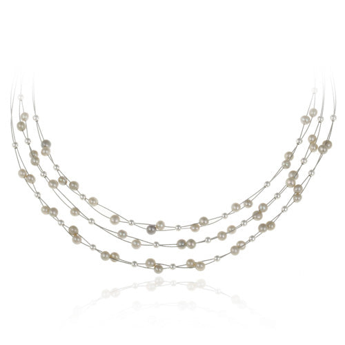 Sterling Silver Freshwater Cultured Gray Pearls & Beads 3-Row Graduating Necklace