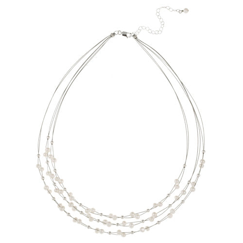 Sterling Silver Freshwater Cultured White Pearls & Beads 3-Row Graduating Necklace