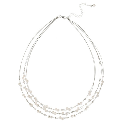 Sterling Silver Freshwater Cultured White Pearls & Beads 3-Row Graduating Necklace